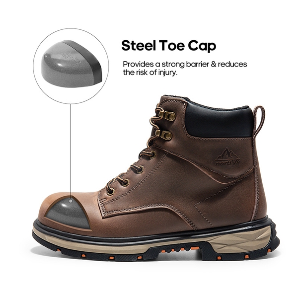 Men's Water-Resistant Steel Toe Leather Work Boots - DARK BROWN - 6